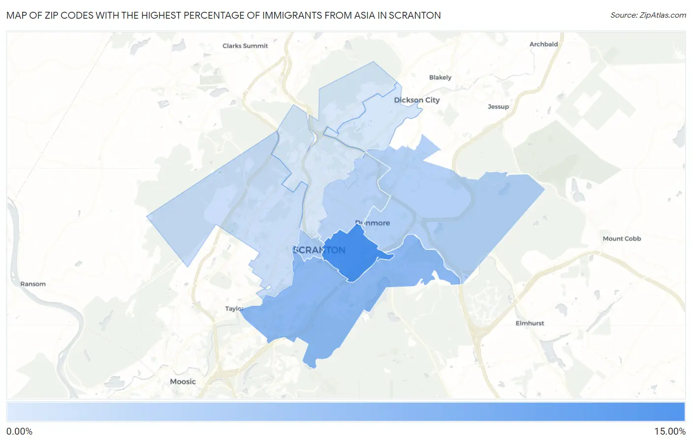 Zip Codes with the Highest Percentage of Immigrants from Asia in Scranton Map