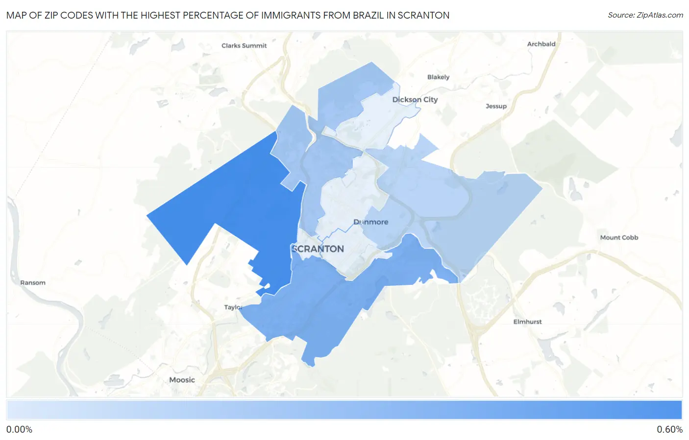 Zip Codes with the Highest Percentage of Immigrants from Brazil in Scranton Map