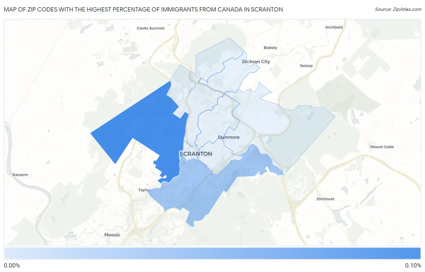Zip Codes with the Highest Percentage of Immigrants from Canada in Scranton Map