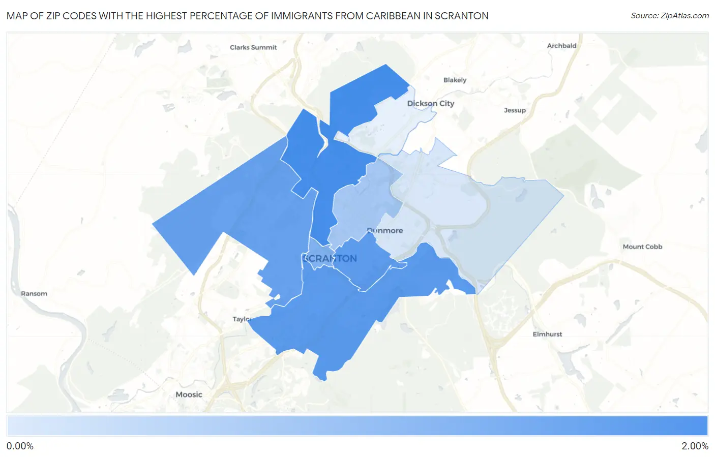 Zip Codes with the Highest Percentage of Immigrants from Caribbean in Scranton Map