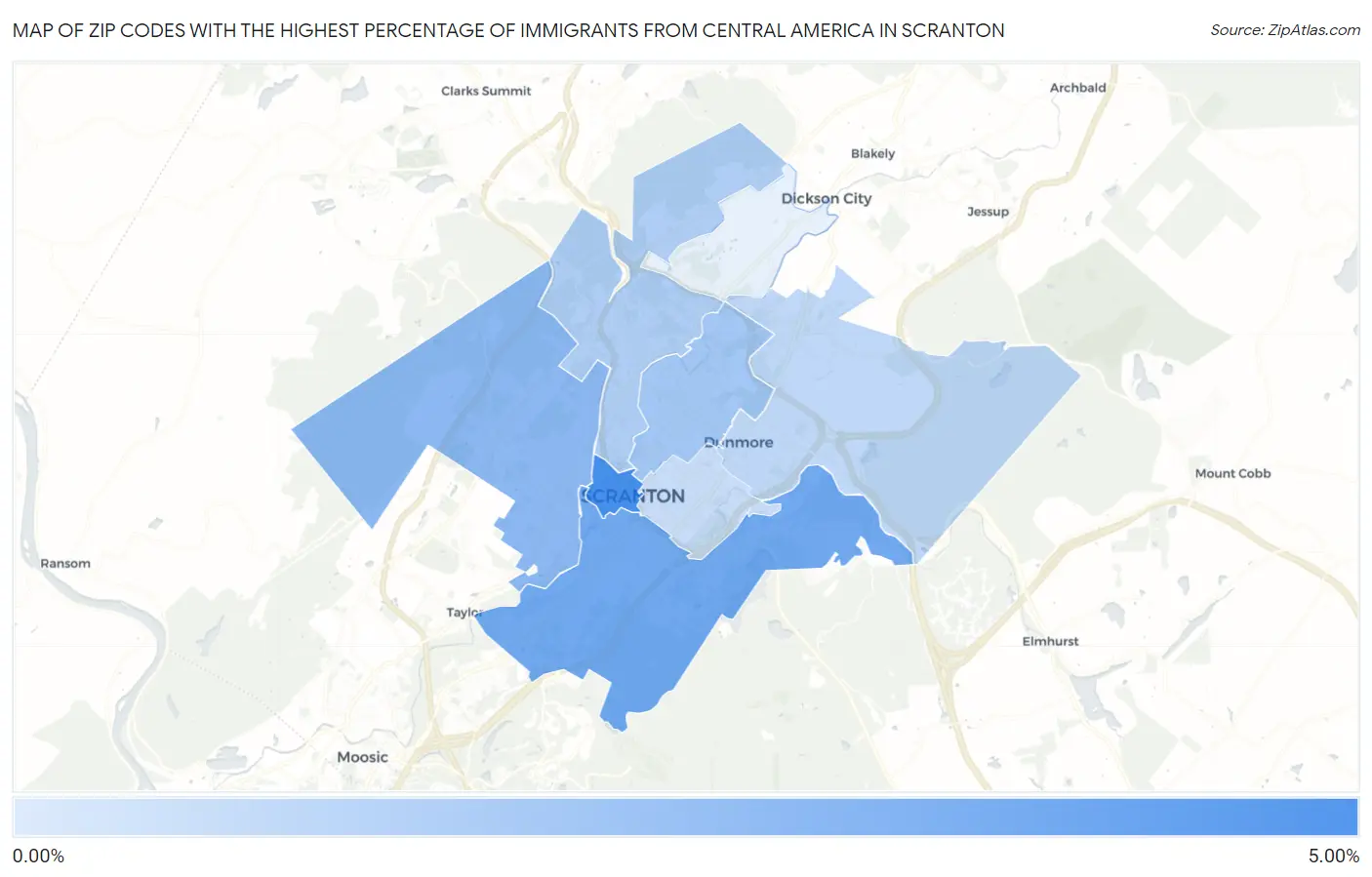 Zip Codes with the Highest Percentage of Immigrants from Central America in Scranton Map