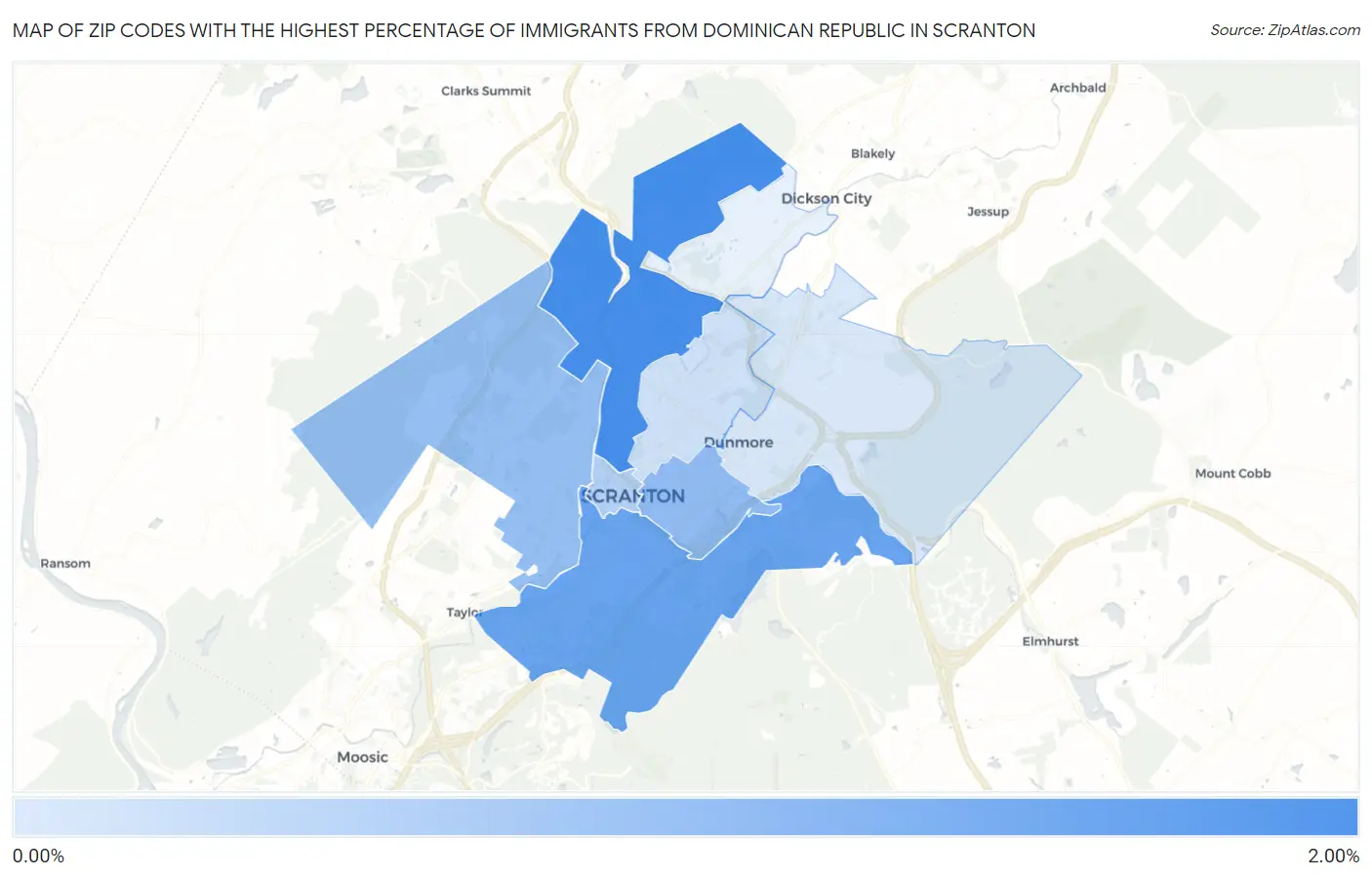 Zip Codes with the Highest Percentage of Immigrants from Dominican Republic in Scranton Map