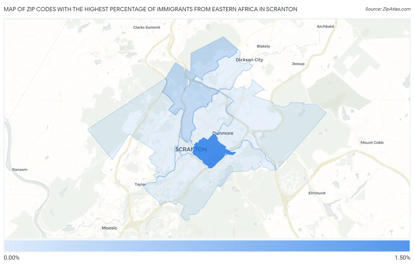 Zip Codes with the Highest Percentage of Immigrants from Eastern Africa in Scranton Map