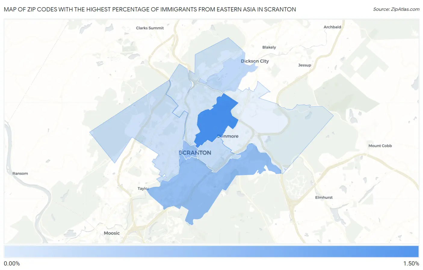 Zip Codes with the Highest Percentage of Immigrants from Eastern Asia in Scranton Map