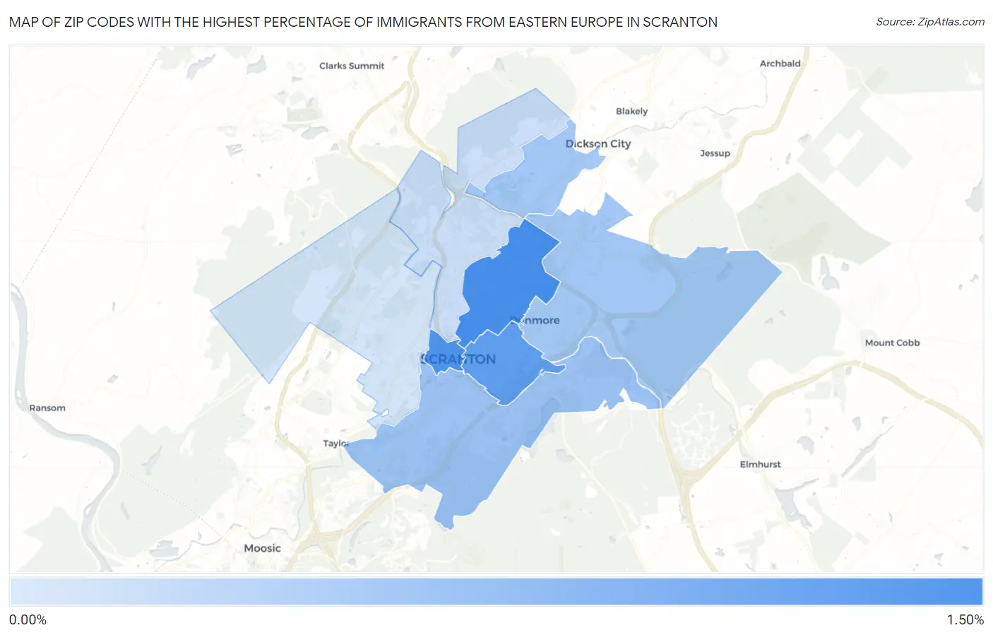 Zip Codes with the Highest Percentage of Immigrants from Eastern Europe in Scranton Map