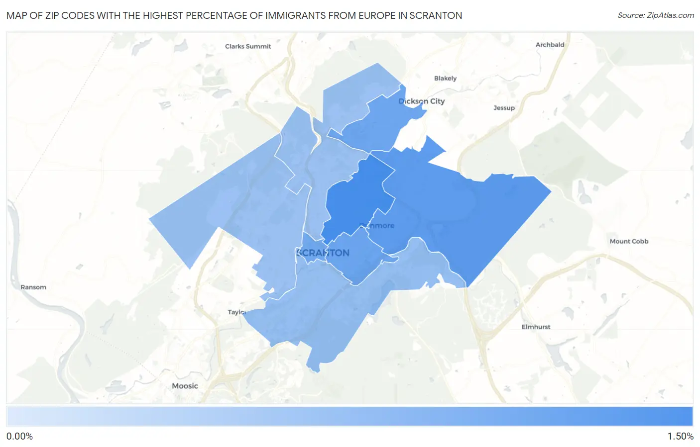 Zip Codes with the Highest Percentage of Immigrants from Europe in Scranton Map