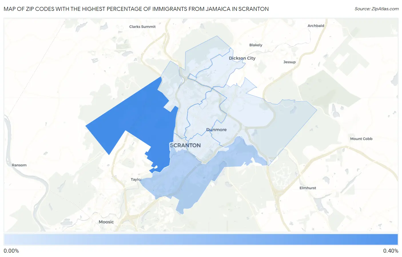 Zip Codes with the Highest Percentage of Immigrants from Jamaica in Scranton Map
