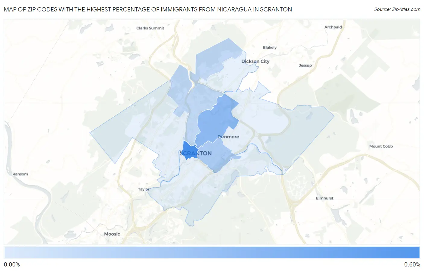 Zip Codes with the Highest Percentage of Immigrants from Nicaragua in Scranton Map