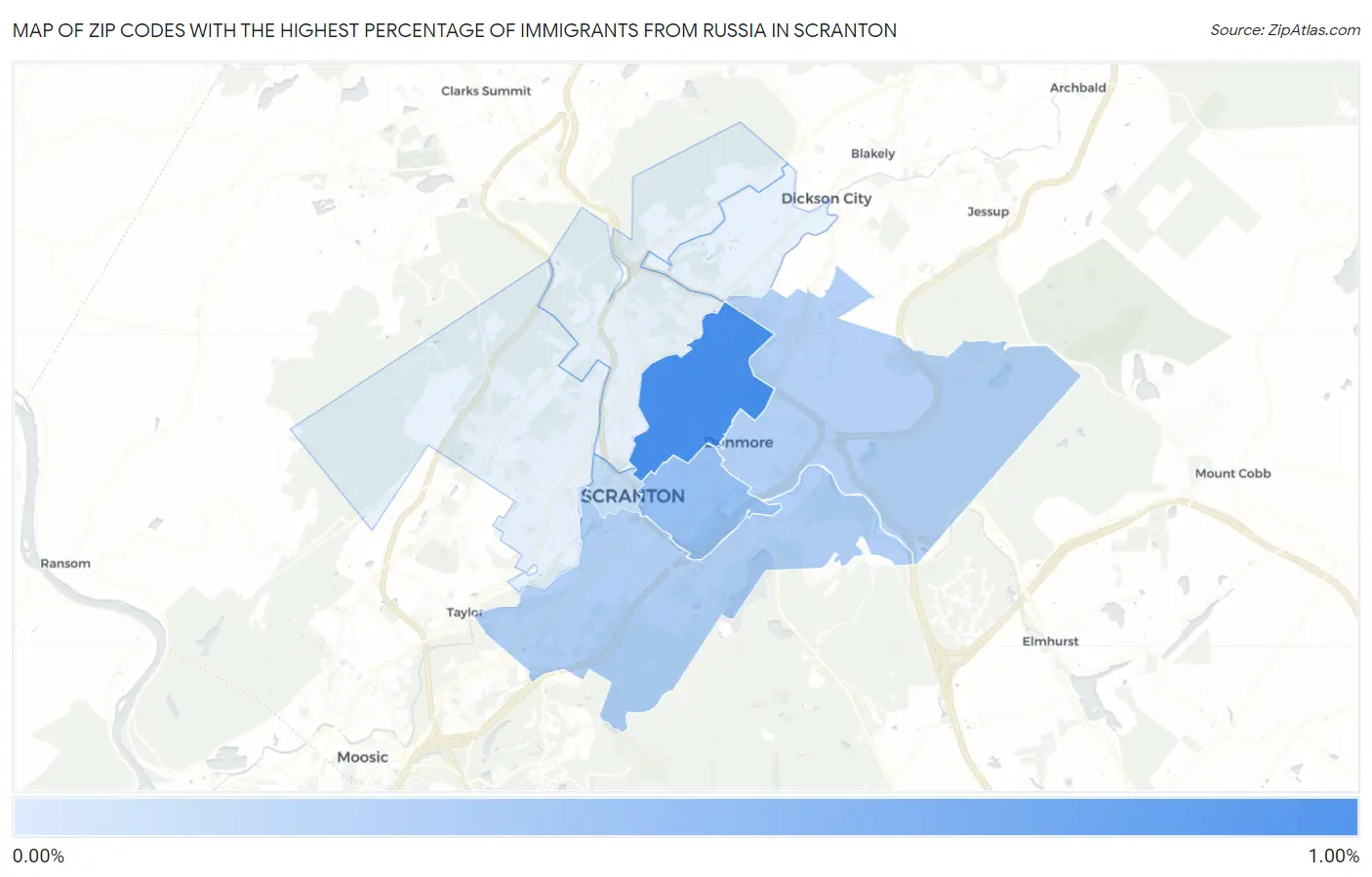 Zip Codes with the Highest Percentage of Immigrants from Russia in Scranton Map
