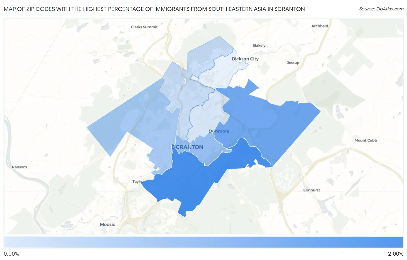 Zip Codes with the Highest Percentage of Immigrants from South Eastern Asia in Scranton Map