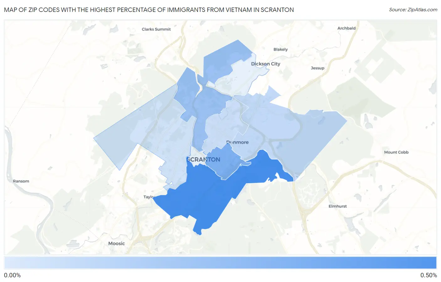 Zip Codes with the Highest Percentage of Immigrants from Vietnam in Scranton Map