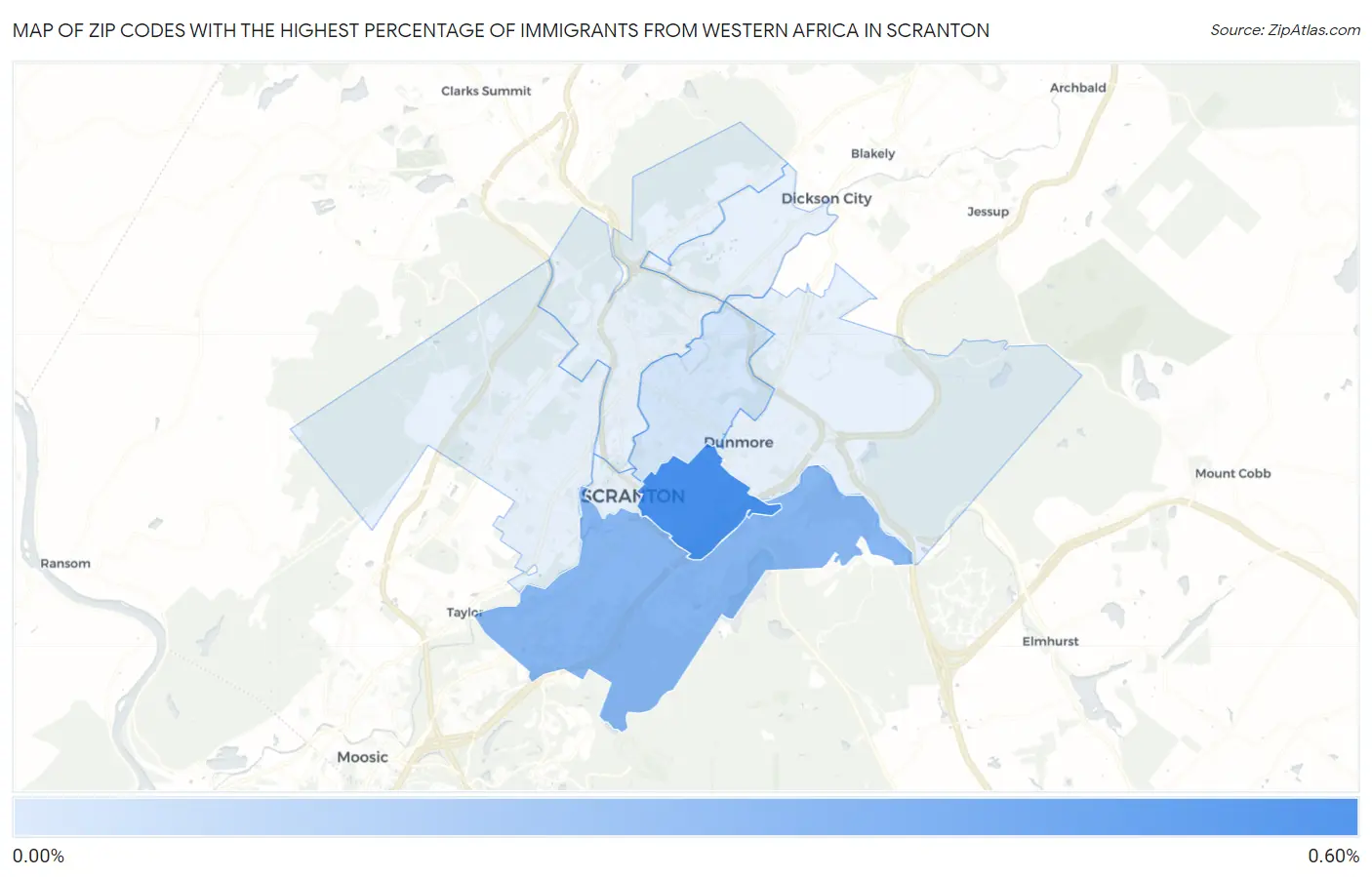 Zip Codes with the Highest Percentage of Immigrants from Western Africa in Scranton Map