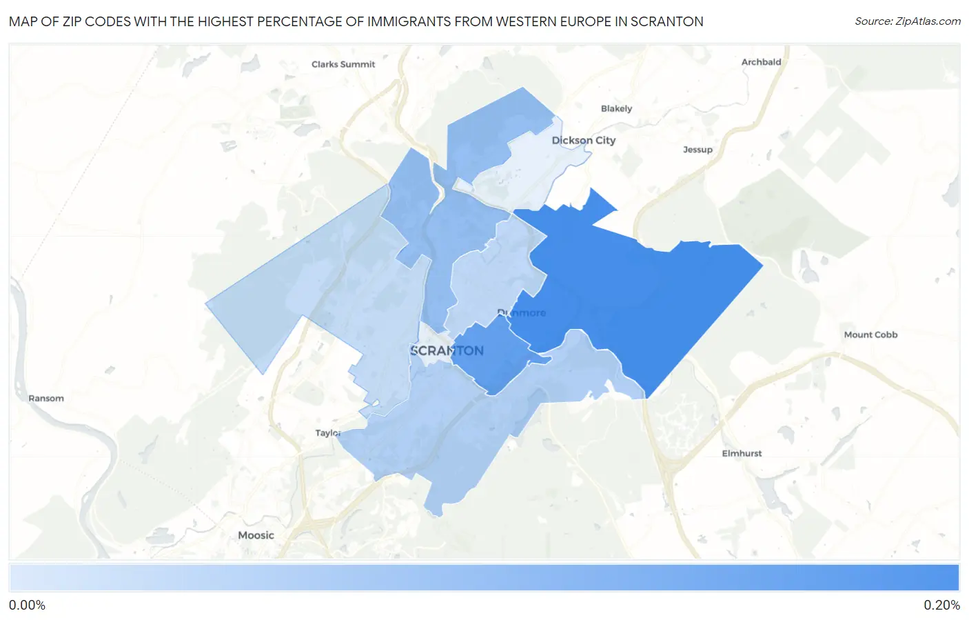 Zip Codes with the Highest Percentage of Immigrants from Western Europe in Scranton Map