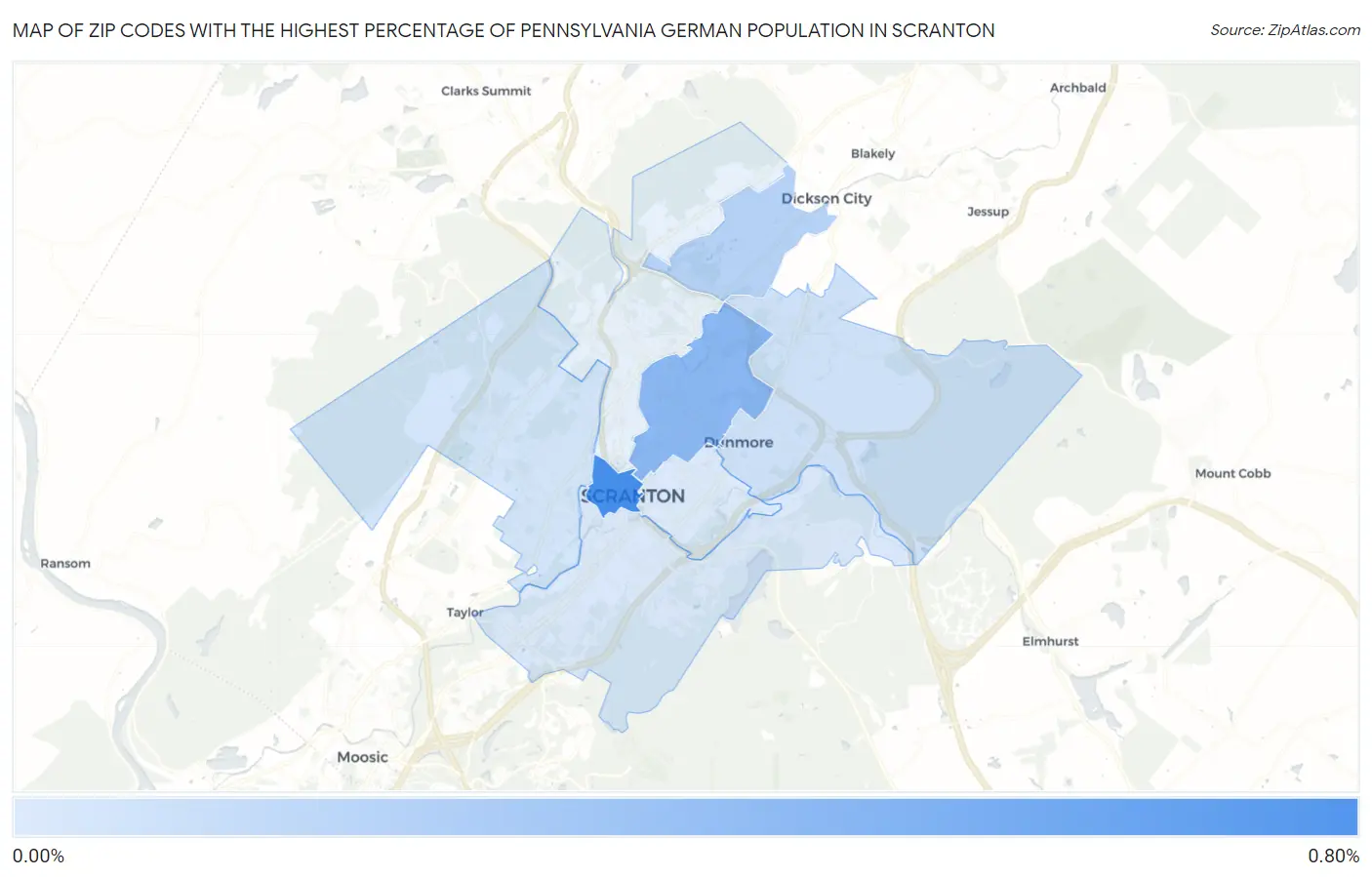 Zip Codes with the Highest Percentage of Pennsylvania German Population in Scranton Map