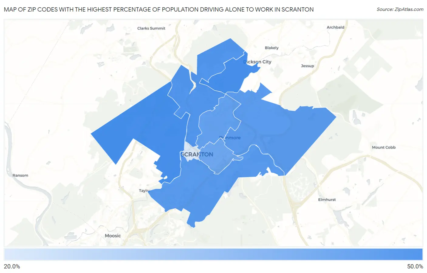 Zip Codes with the Highest Percentage of Population Driving Alone to Work in Scranton Map
