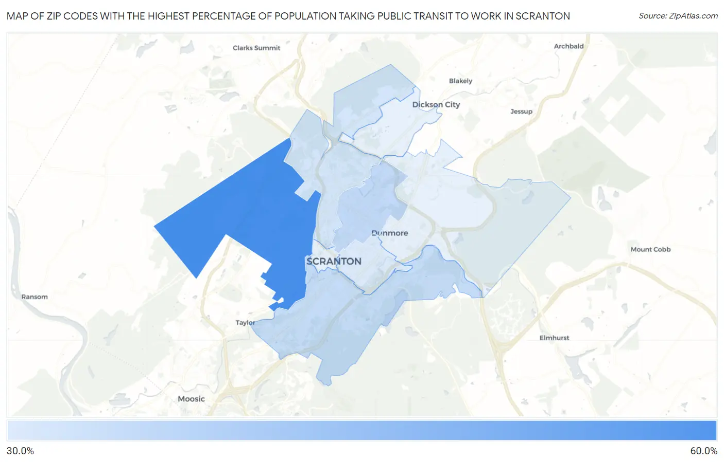 Zip Codes with the Highest Percentage of Population Taking Public Transit to Work in Scranton Map