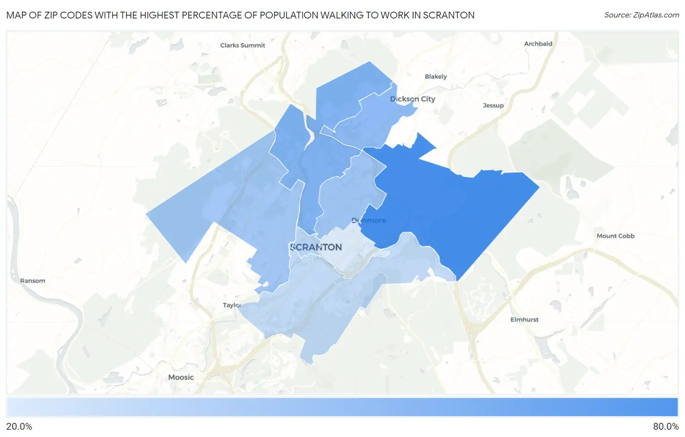 Zip Codes with the Highest Percentage of Population Walking to Work in Scranton Map