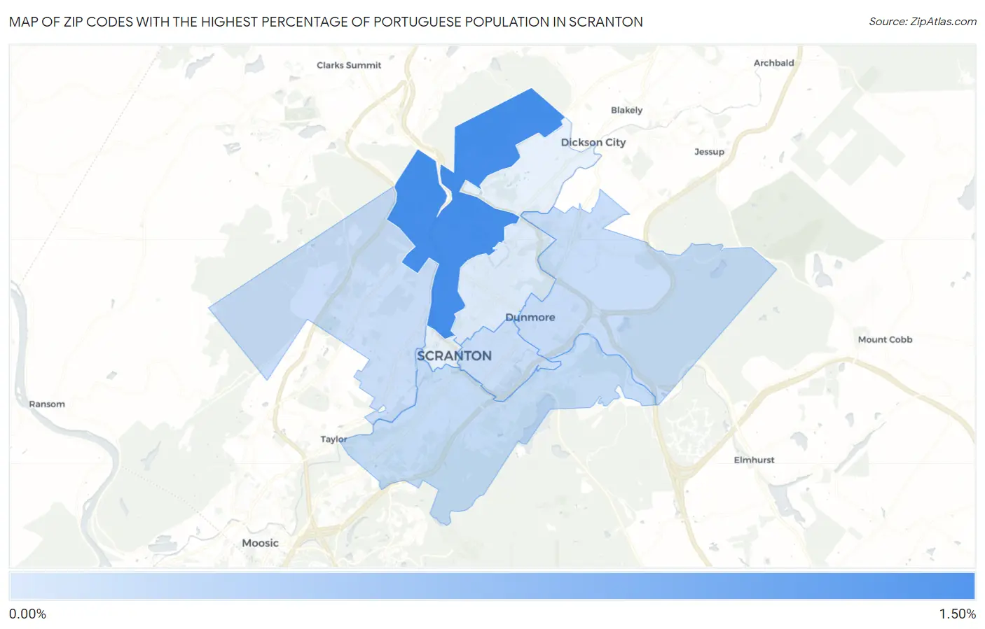 Zip Codes with the Highest Percentage of Portuguese Population in Scranton Map