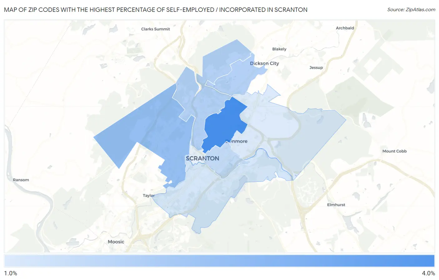 Zip Codes with the Highest Percentage of Self-Employed / Incorporated in Scranton Map