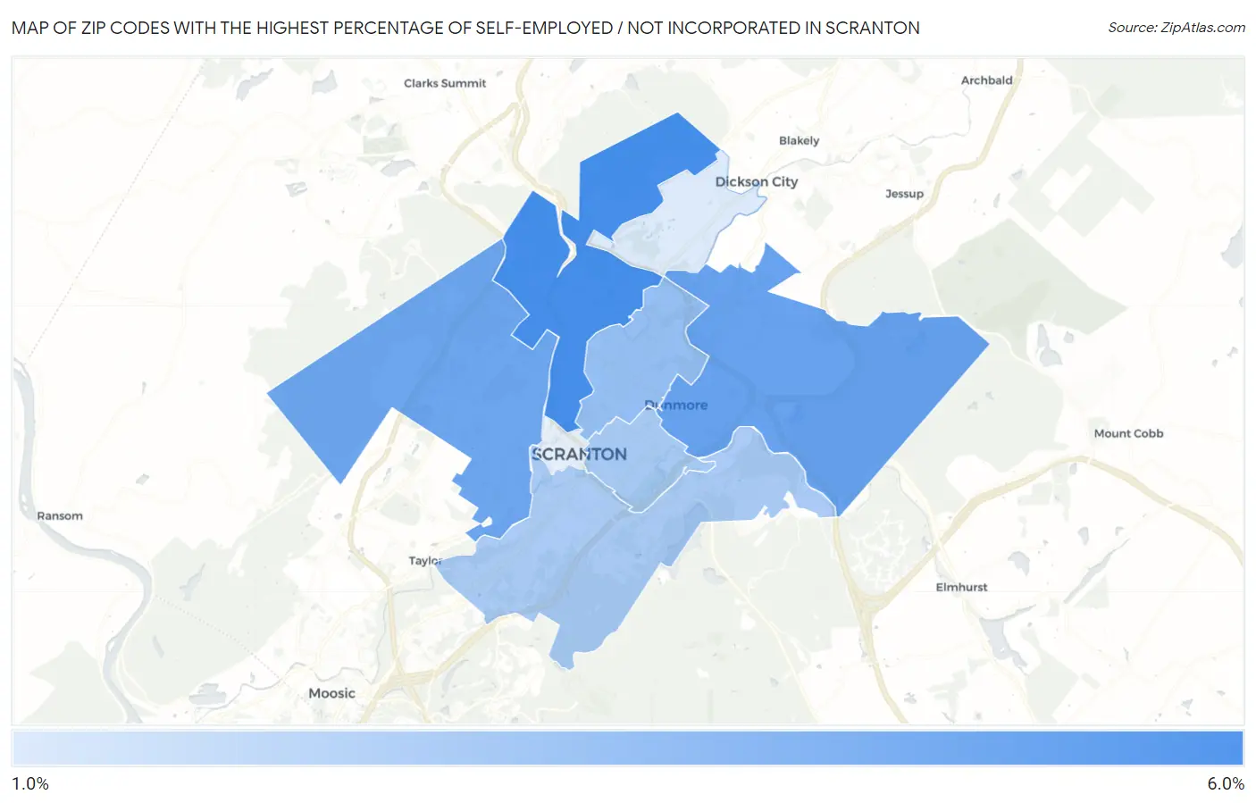 Zip Codes with the Highest Percentage of Self-Employed / Not Incorporated in Scranton Map