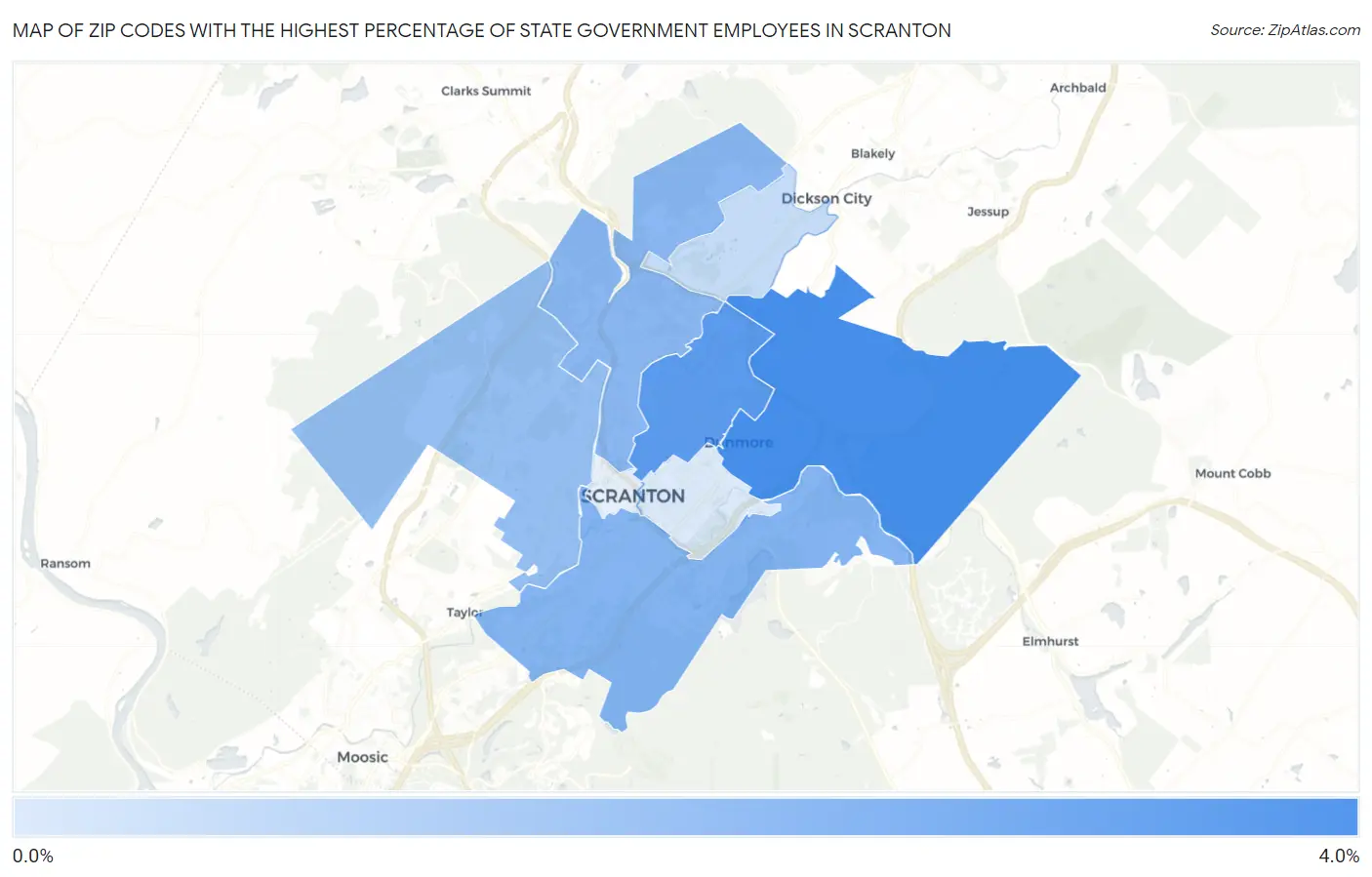 Zip Codes with the Highest Percentage of State Government Employees in Scranton Map