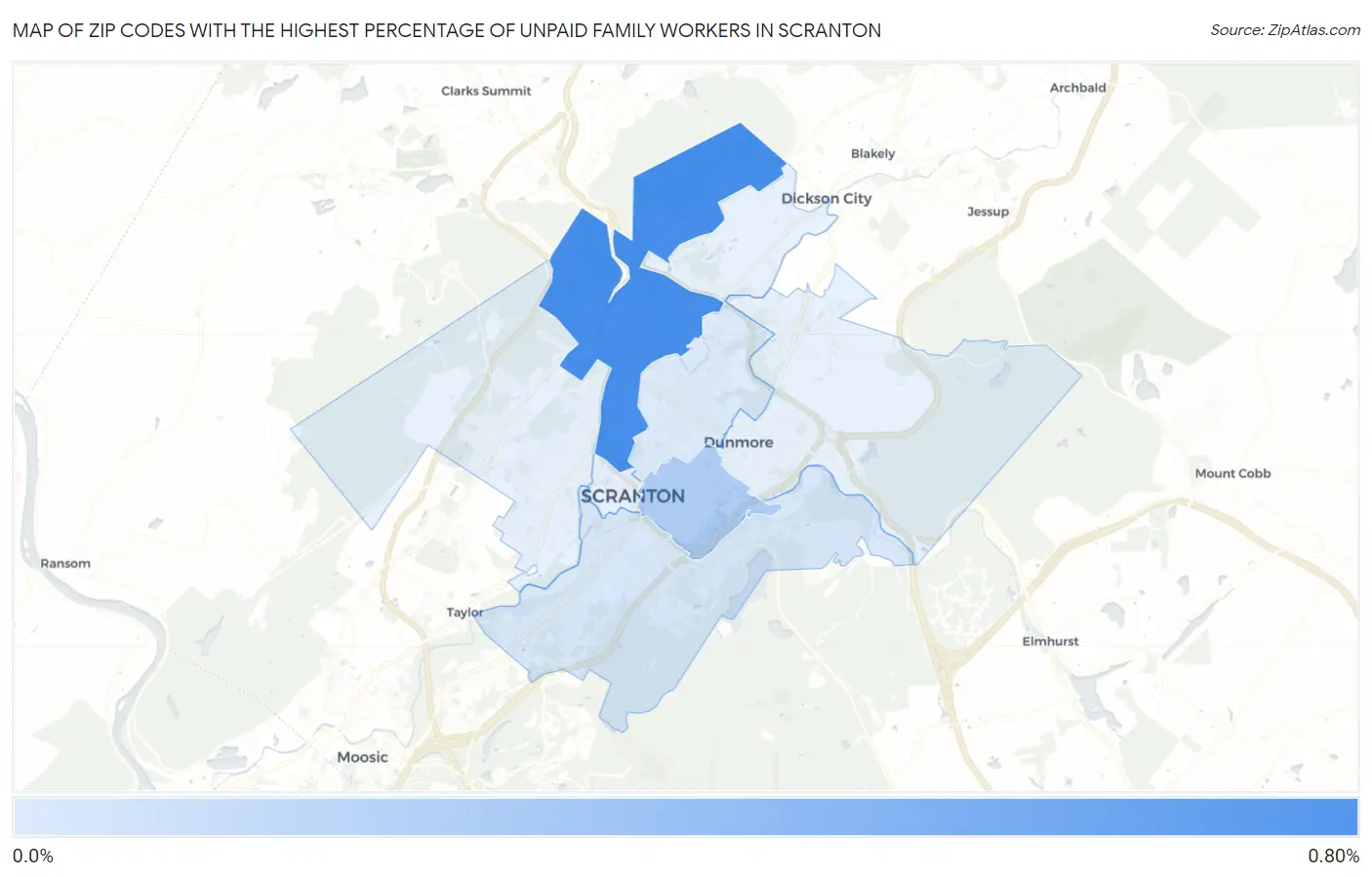 Zip Codes with the Highest Percentage of Unpaid Family Workers in Scranton Map