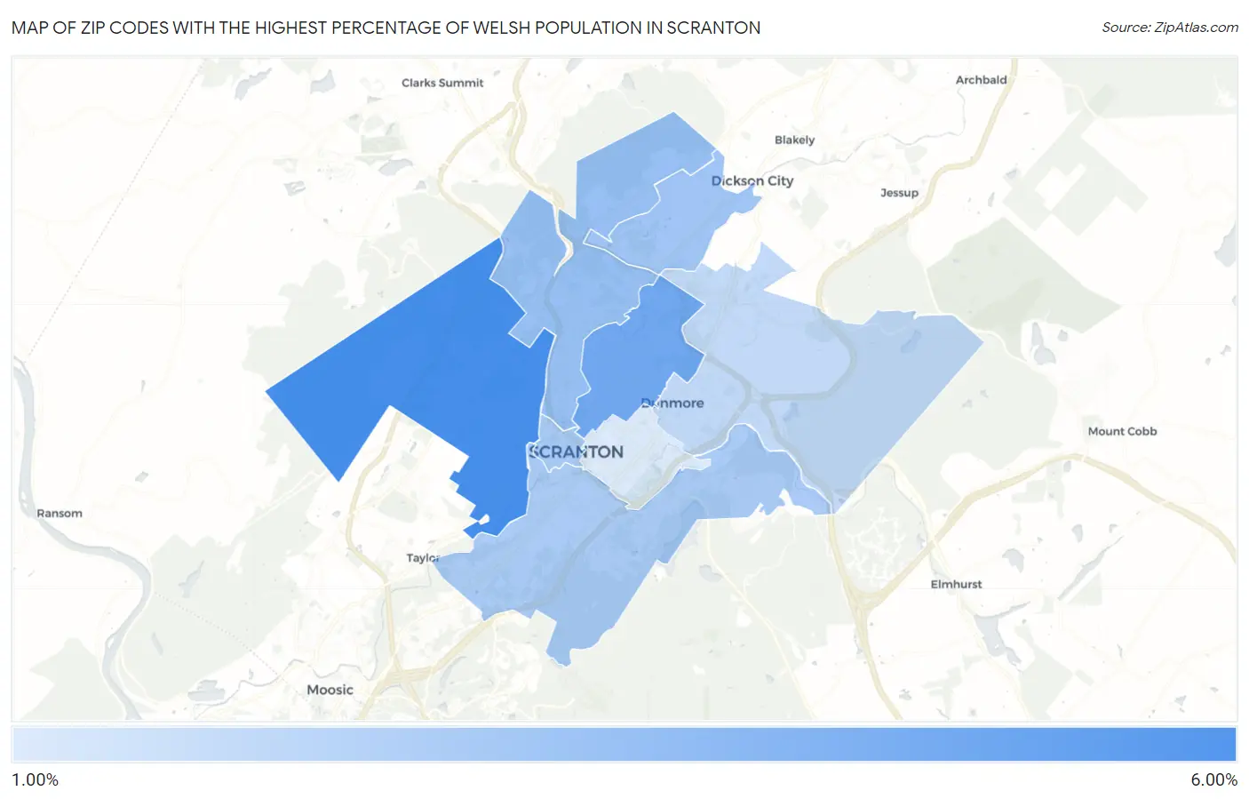 Zip Codes with the Highest Percentage of Welsh Population in Scranton Map