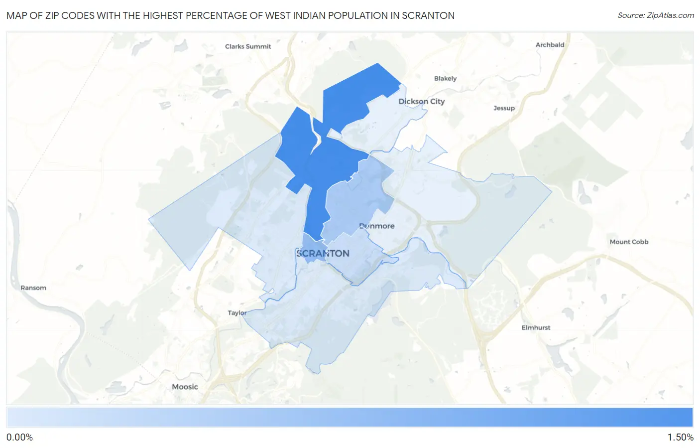 Zip Codes with the Highest Percentage of West Indian Population in Scranton Map