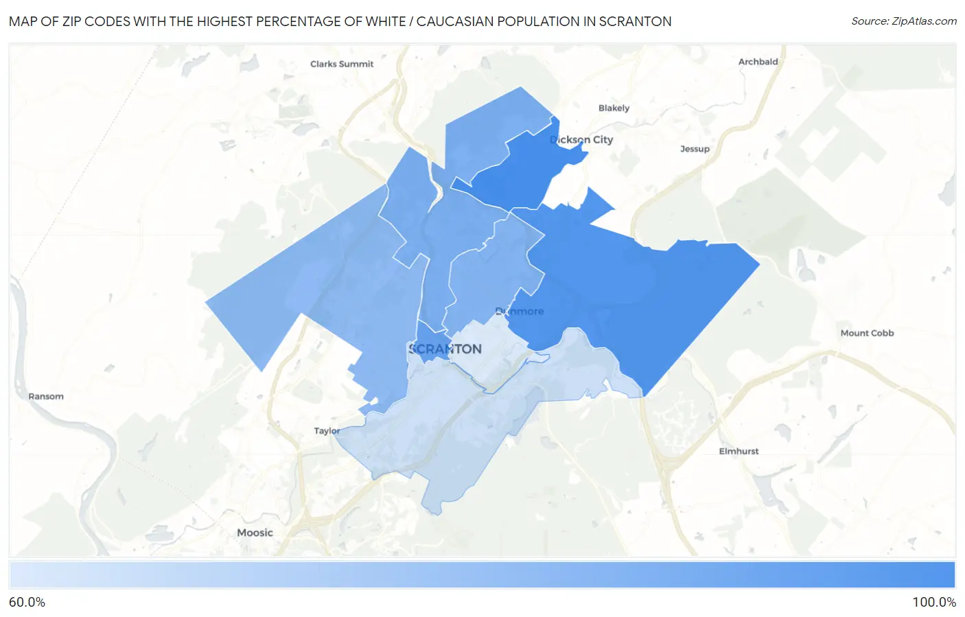 Zip Codes with the Highest Percentage of White / Caucasian Population in Scranton Map