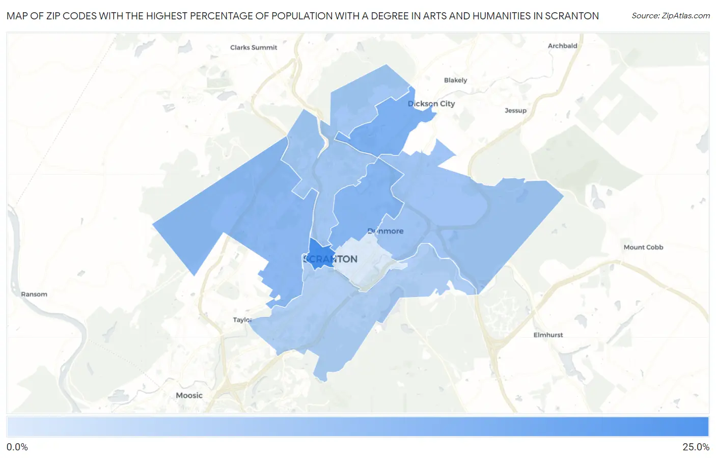 Zip Codes with the Highest Percentage of Population with a Degree in Arts and Humanities in Scranton Map