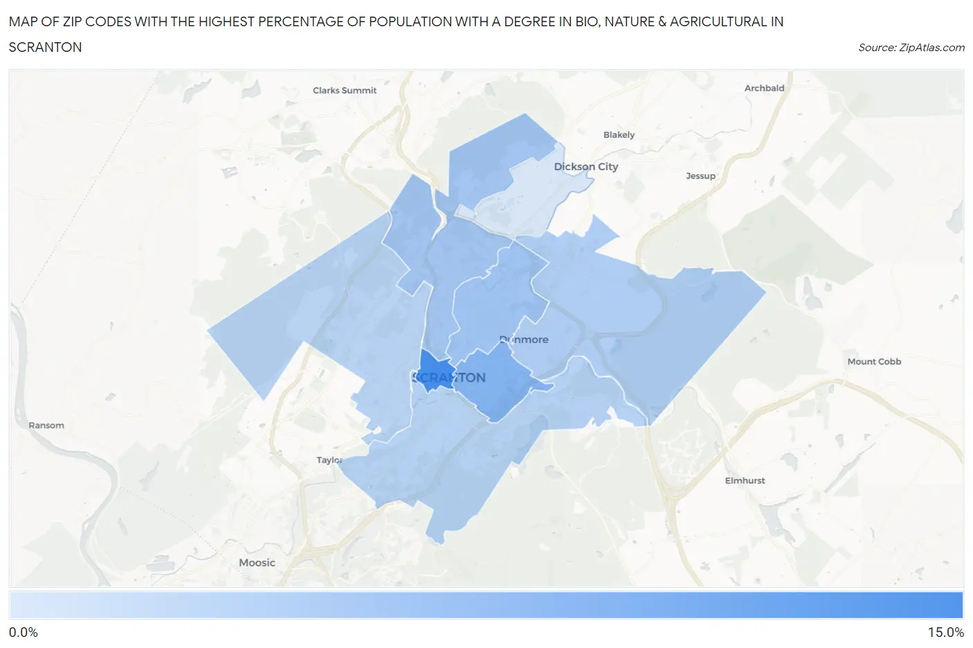 Zip Codes with the Highest Percentage of Population with a Degree in Bio, Nature & Agricultural in Scranton Map