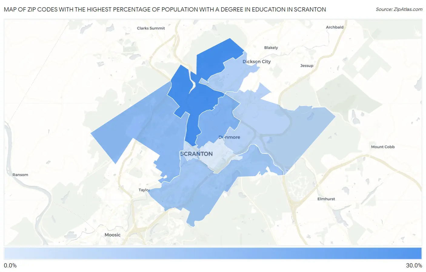 Zip Codes with the Highest Percentage of Population with a Degree in Education in Scranton Map