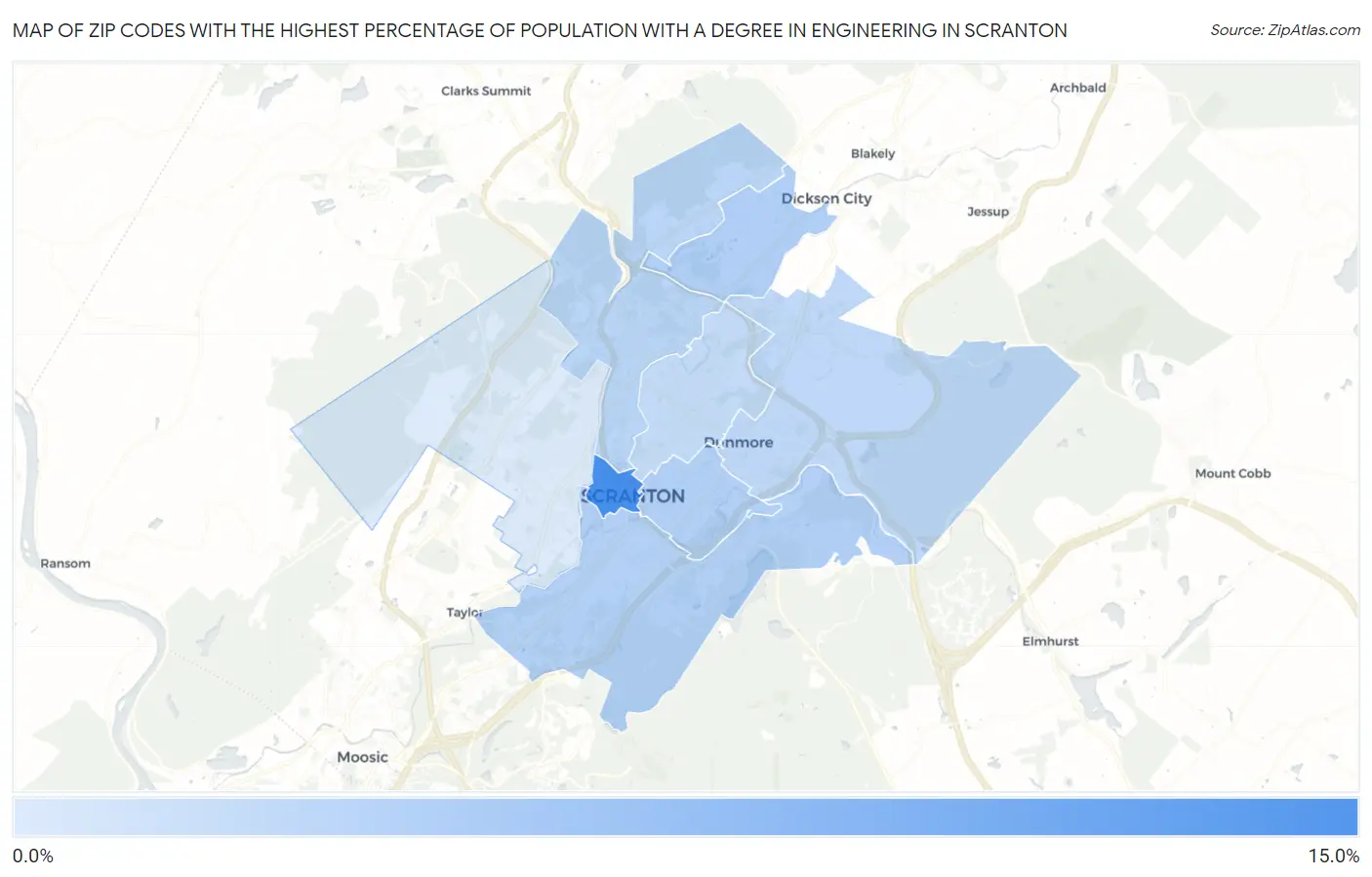 Zip Codes with the Highest Percentage of Population with a Degree in Engineering in Scranton Map