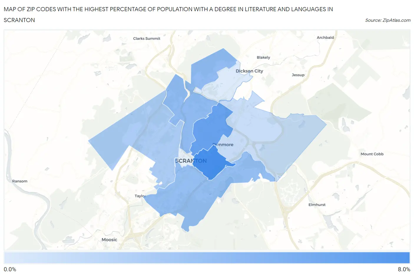 Zip Codes with the Highest Percentage of Population with a Degree in Literature and Languages in Scranton Map