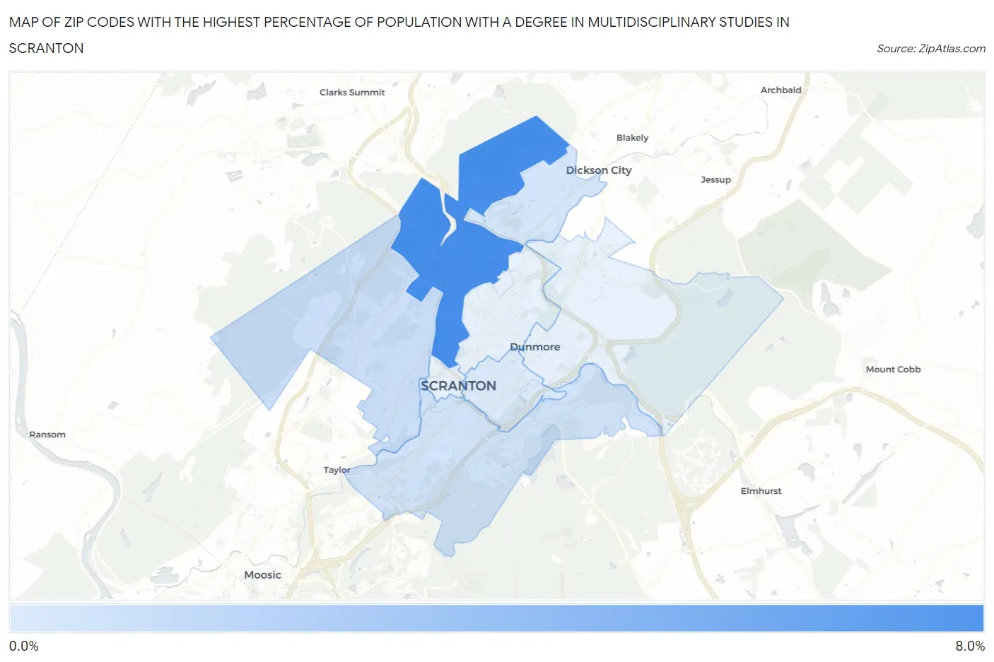 Zip Codes with the Highest Percentage of Population with a Degree in Multidisciplinary Studies in Scranton Map