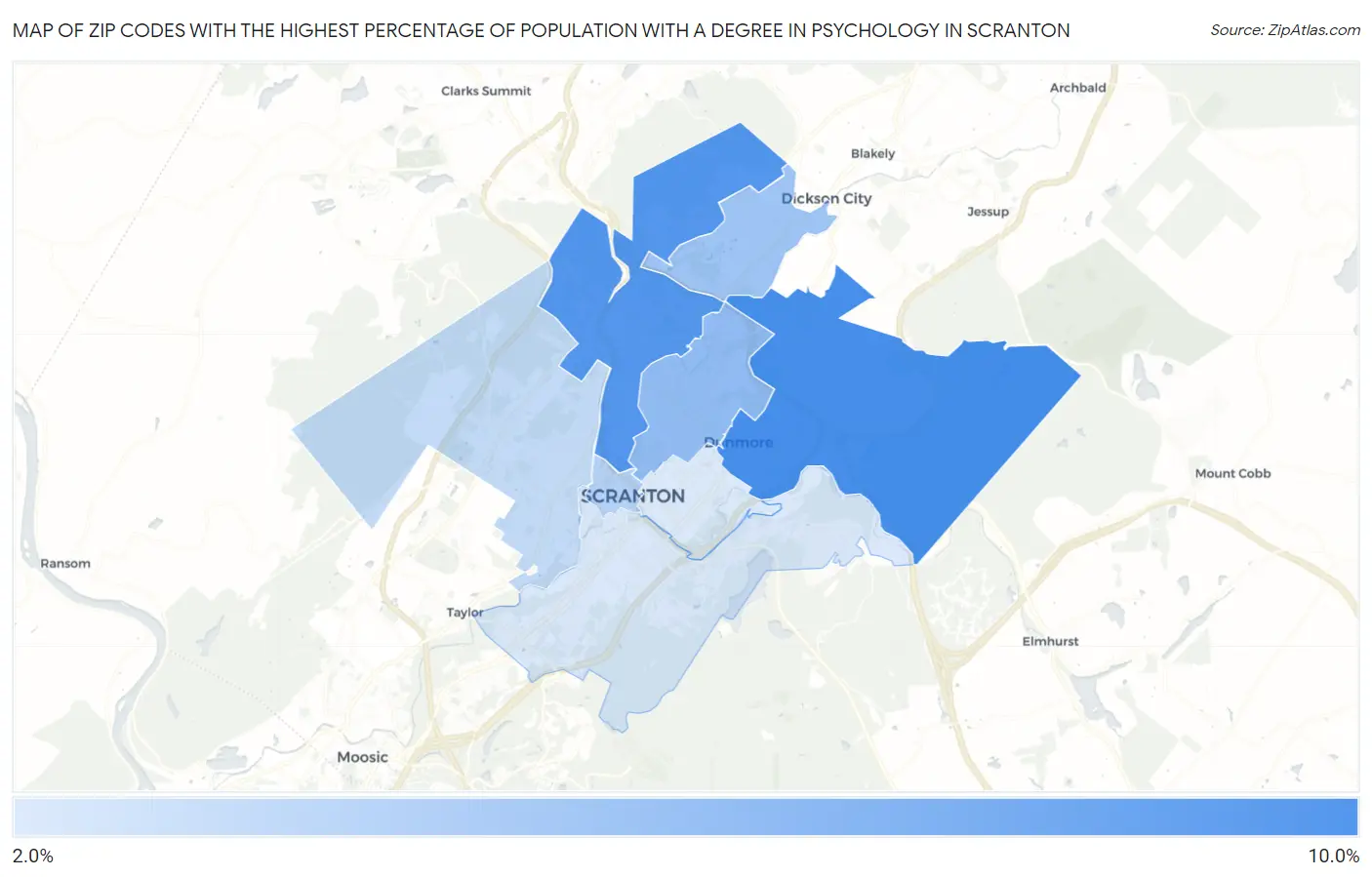 Zip Codes with the Highest Percentage of Population with a Degree in Psychology in Scranton Map