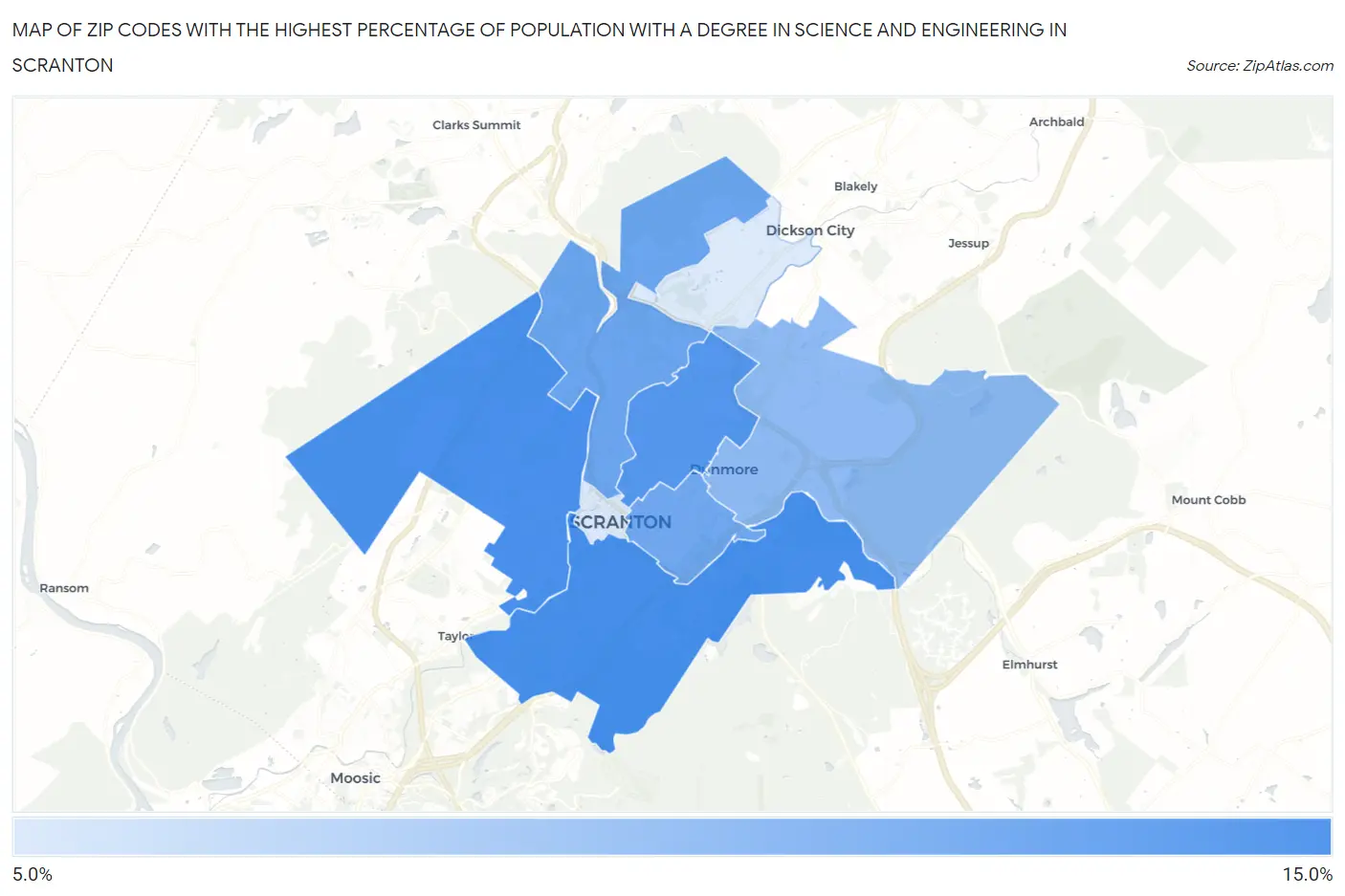 Zip Codes with the Highest Percentage of Population with a Degree in Science and Engineering in Scranton Map
