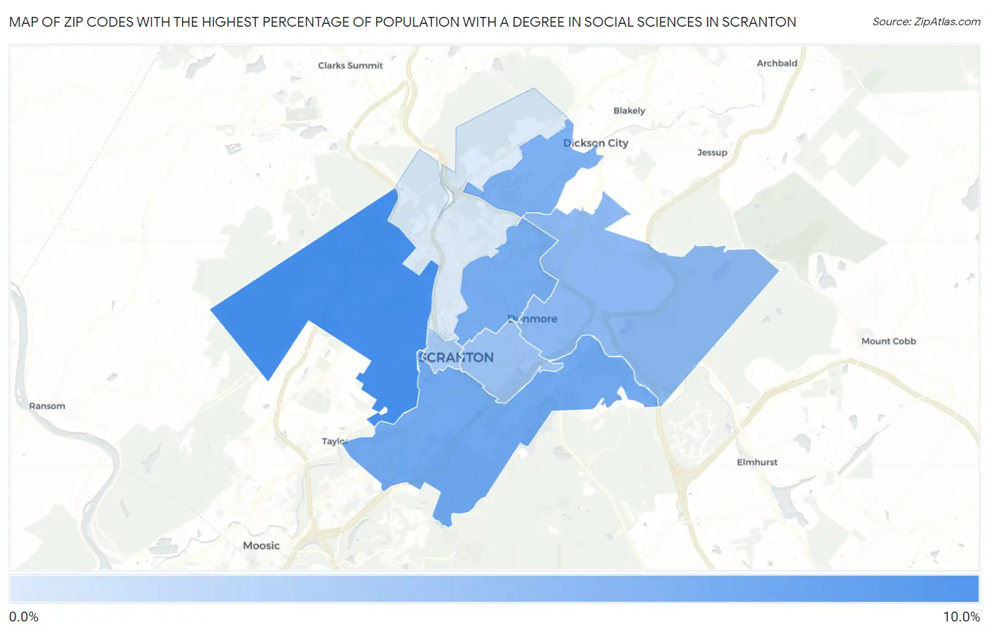 Zip Codes with the Highest Percentage of Population with a Degree in Social Sciences in Scranton Map