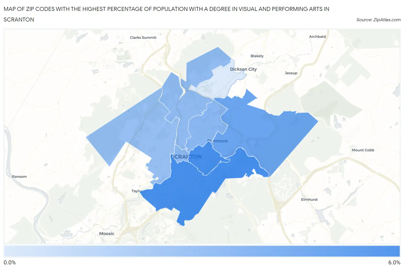 Zip Codes with the Highest Percentage of Population with a Degree in Visual and Performing Arts in Scranton Map