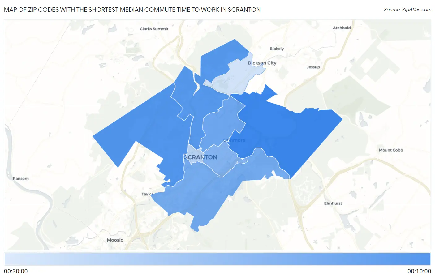 Zip Codes with the Shortest Median Commute Time to Work in Scranton Map