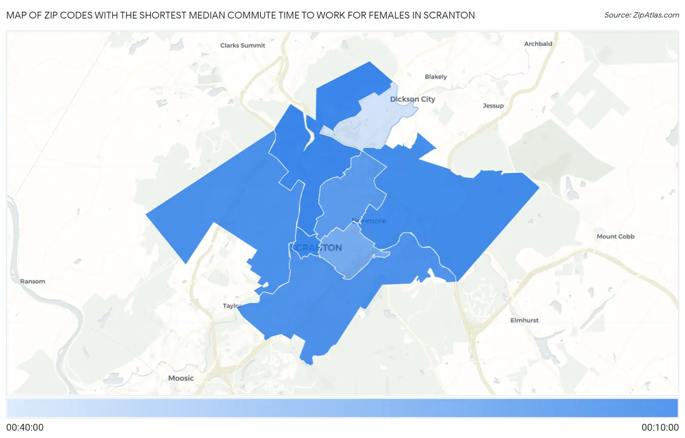 Zip Codes with the Shortest Median Commute Time to Work for Females in Scranton Map