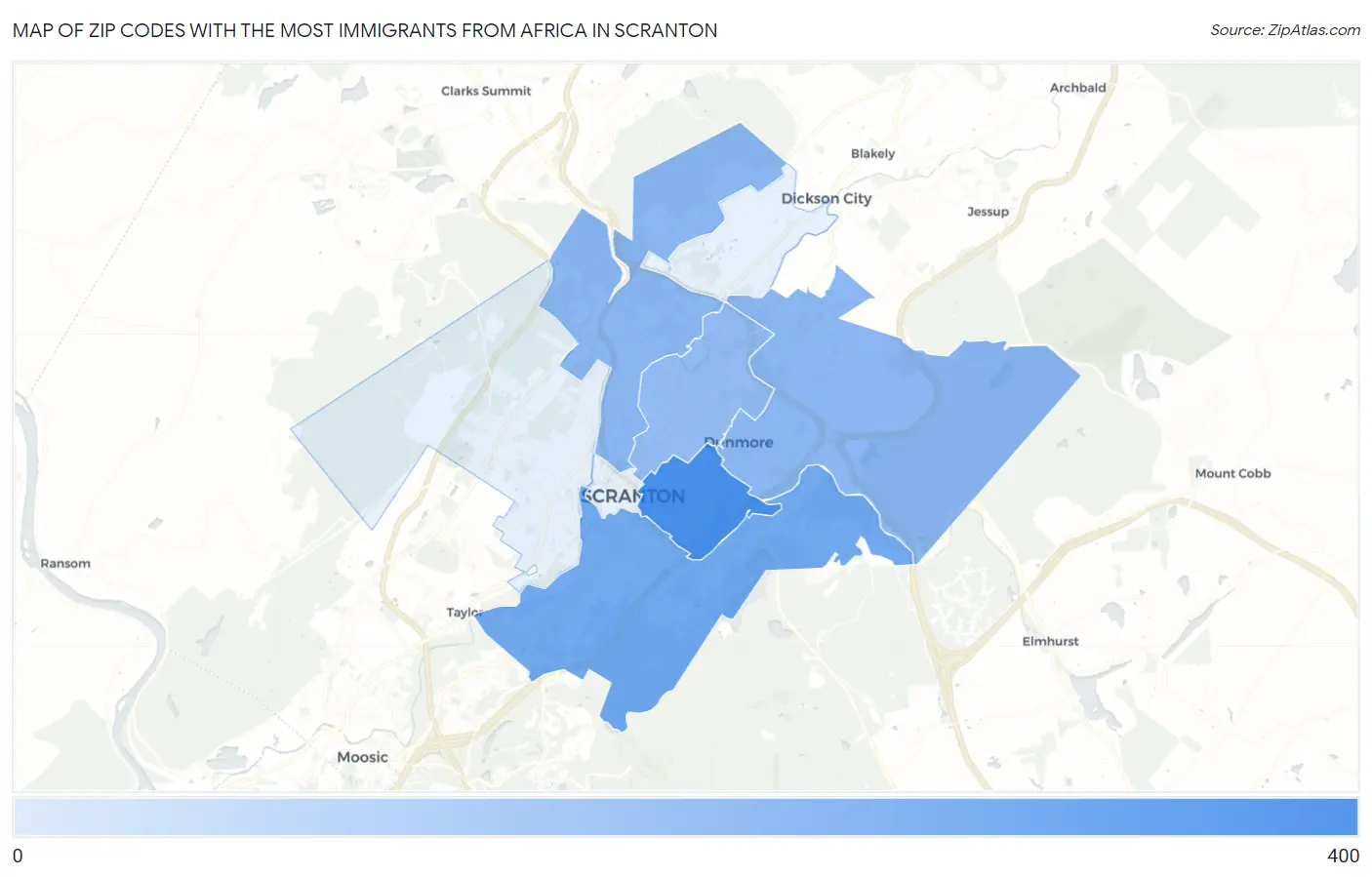 Zip Codes with the Most Immigrants from Africa in Scranton Map