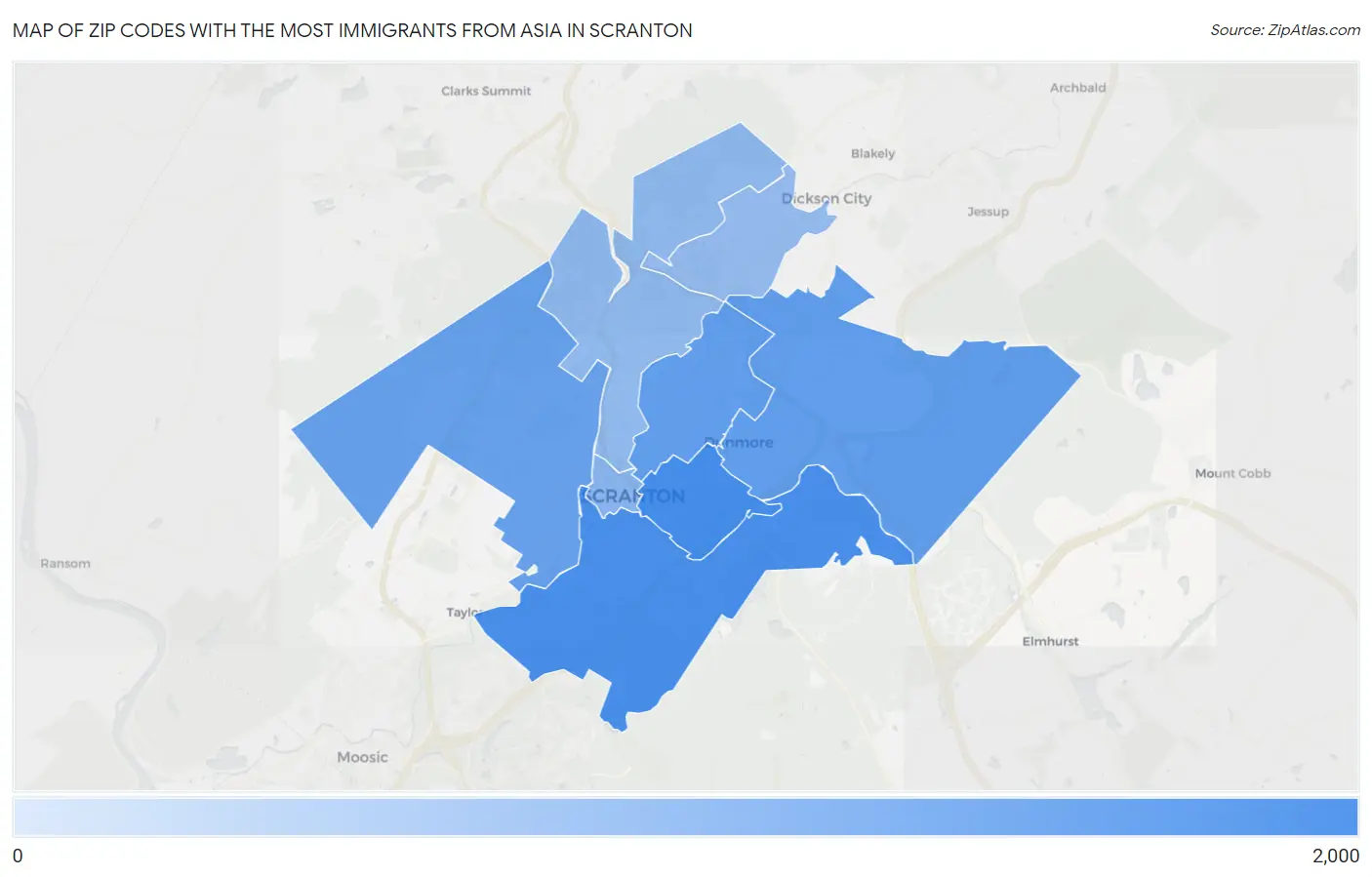 Zip Codes with the Most Immigrants from Asia in Scranton Map
