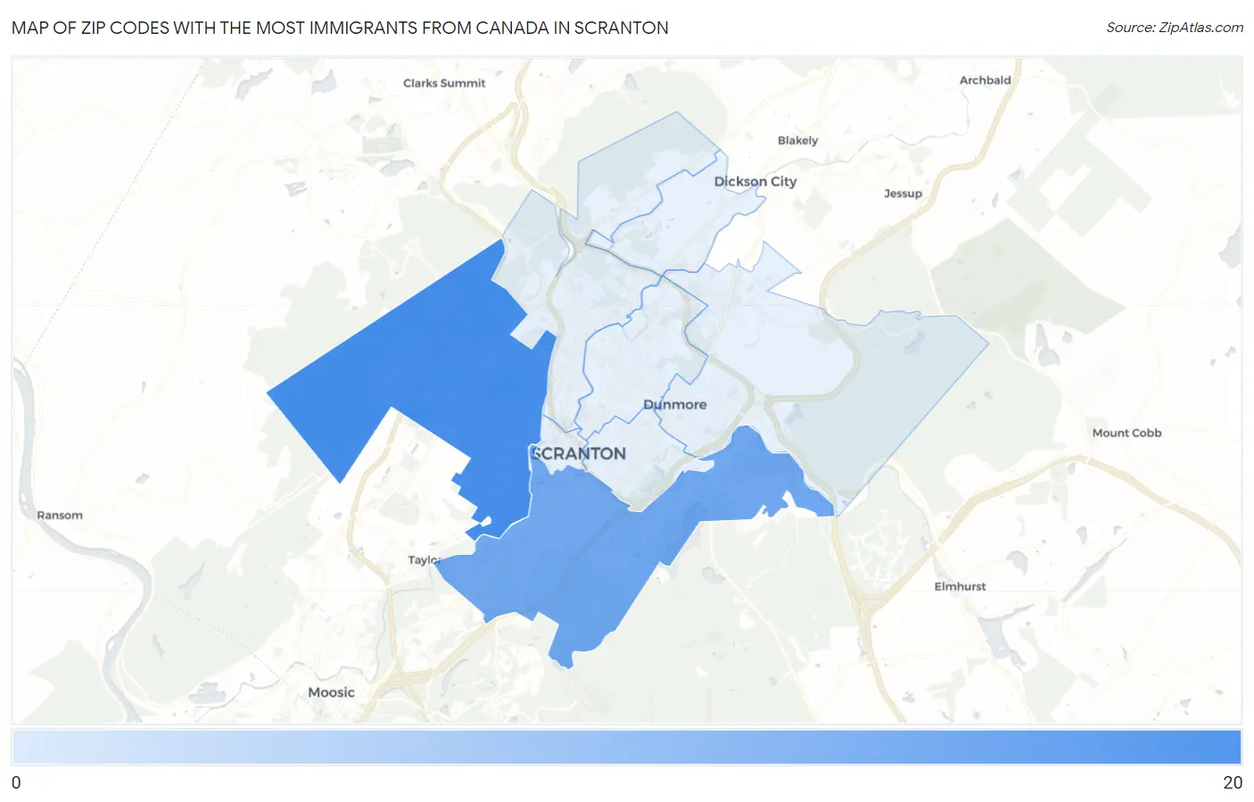 Zip Codes with the Most Immigrants from Canada in Scranton Map
