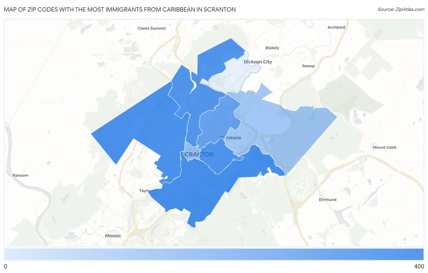 Zip Codes with the Most Immigrants from Caribbean in Scranton Map