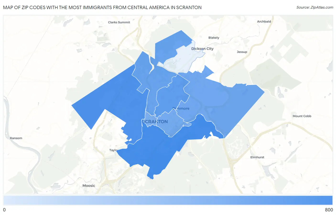 Zip Codes with the Most Immigrants from Central America in Scranton Map