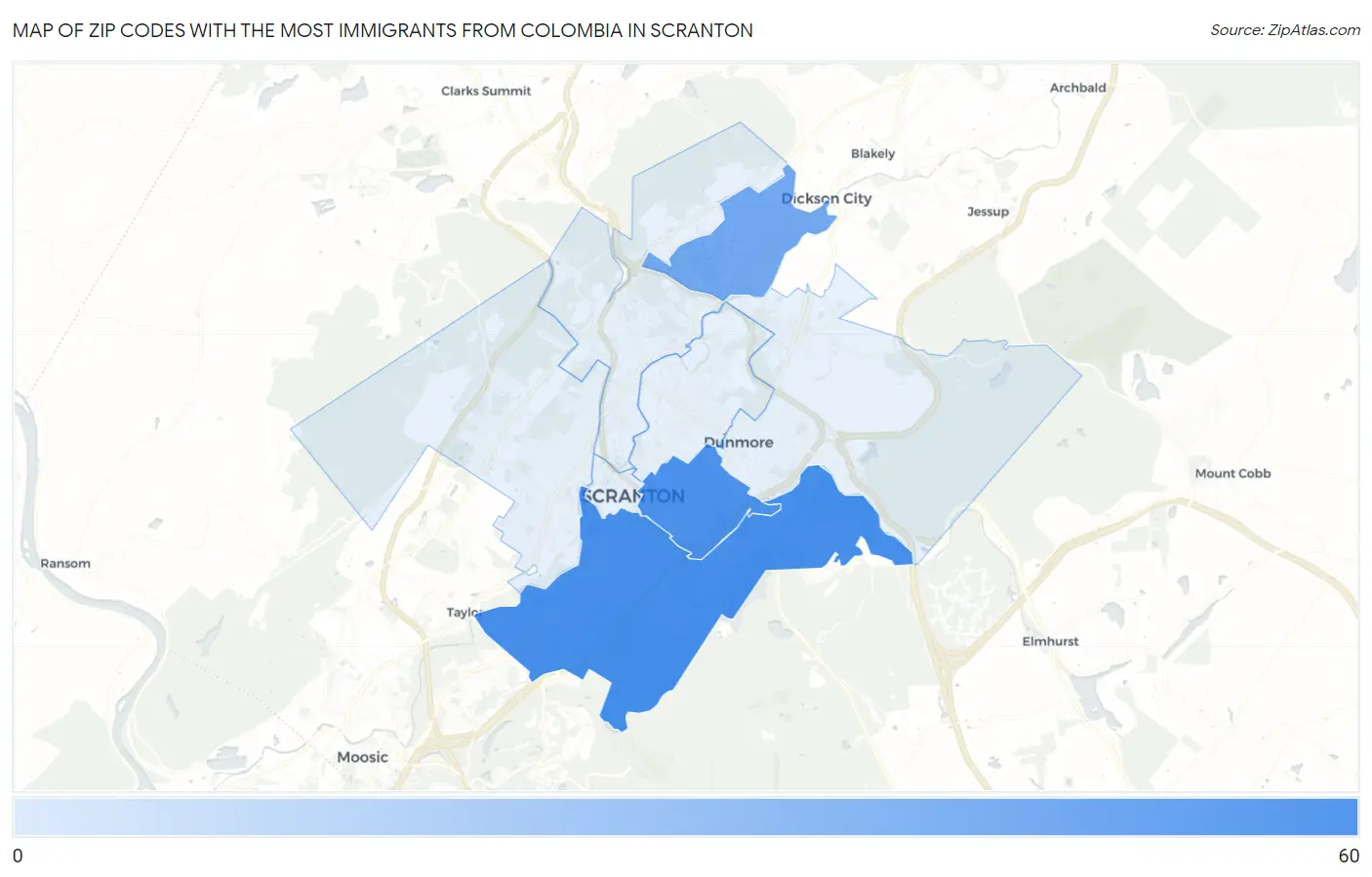Zip Codes with the Most Immigrants from Colombia in Scranton Map