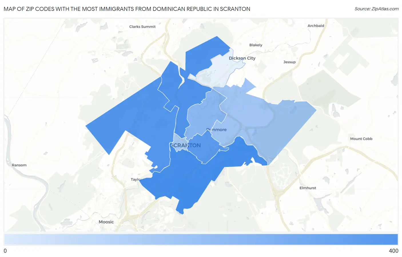 Zip Codes with the Most Immigrants from Dominican Republic in Scranton Map