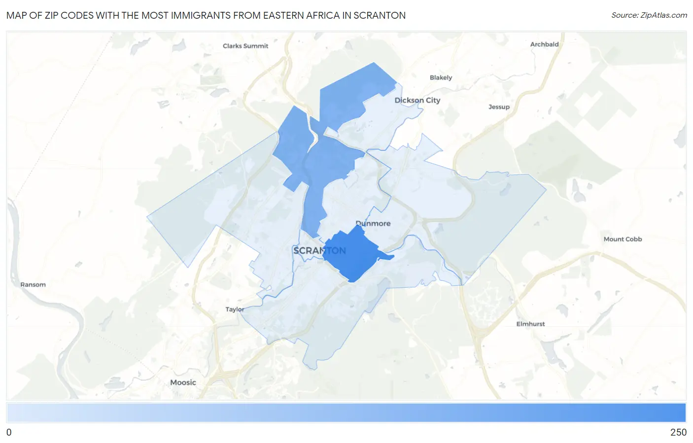 Zip Codes with the Most Immigrants from Eastern Africa in Scranton Map