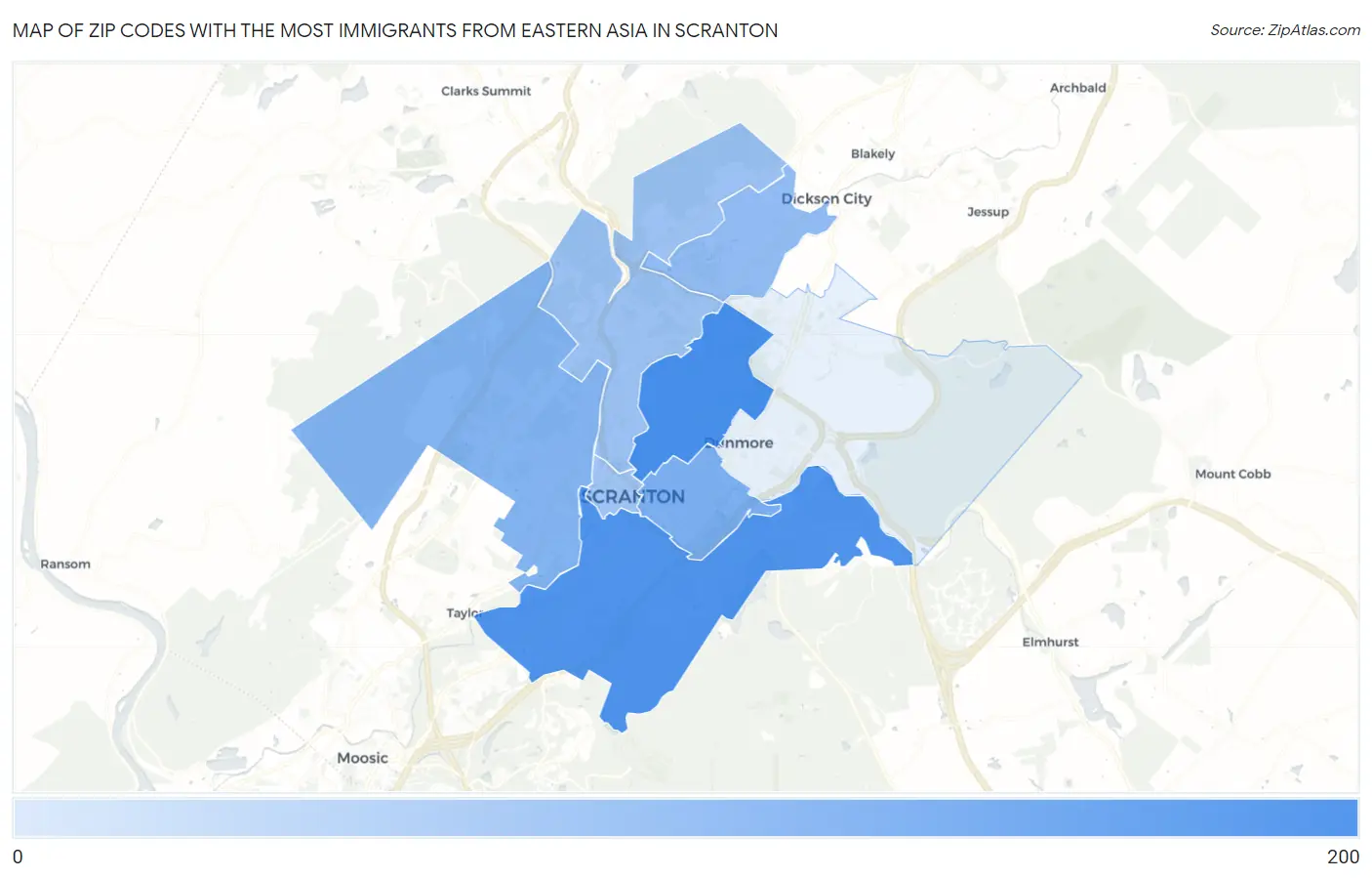 Zip Codes with the Most Immigrants from Eastern Asia in Scranton Map